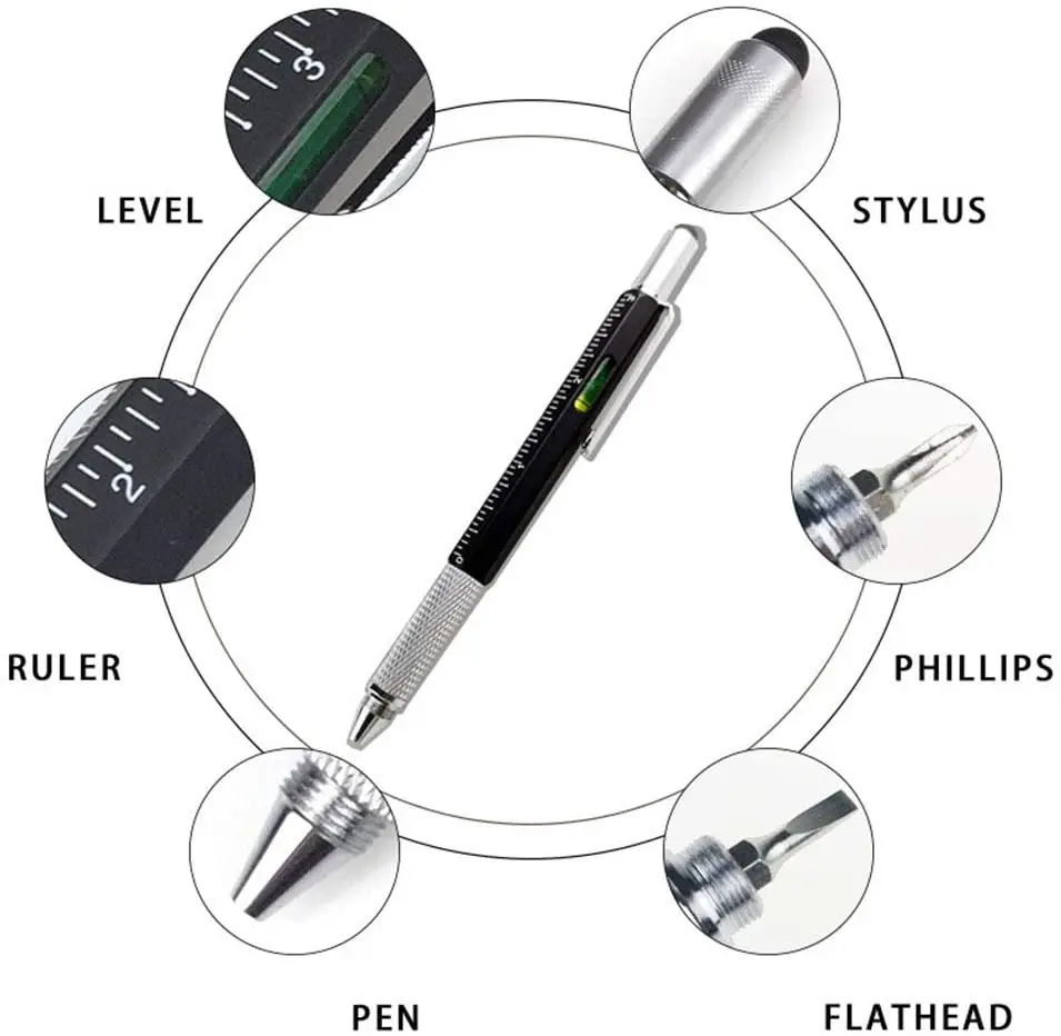 

Gift Pen Tool Pen 6 in 1 Multitool Tech Tool Pen with Ruler, Levelgauge, Ballpoint Pen and Pen Refills, Unique Gifts for Men