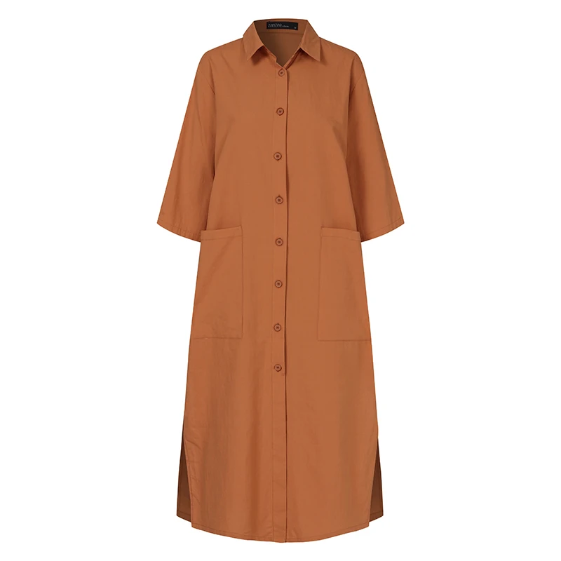 

Casual Lapel Neck Half Sleeve Shirt ZANZEA 2021 Fashion Women Summer Blouse Cotton Blusas Female Solid Long Tops Tunic Chemise