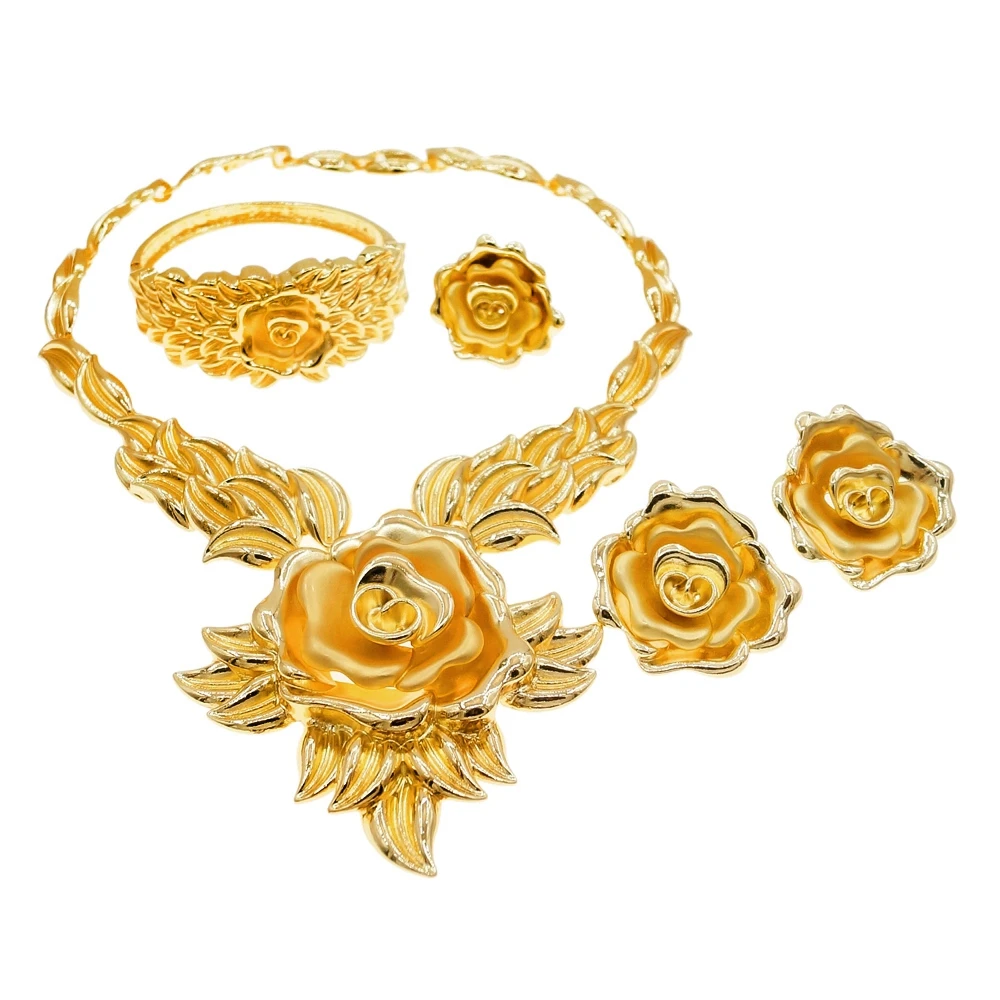 

Hot Selling Italian Colour Gold Rose Flower Pendant Ladies Jewelry Set Luxury Wings Necklace Banquet Party Earrings Ring H00100