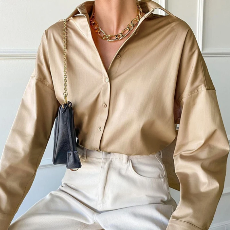 

Белая женская рубашка из хлопка, элегантная Осенняя Базовая Блузка цвета хаки с длинным рукавом и воротником, красивые винтажные блузки, 2021