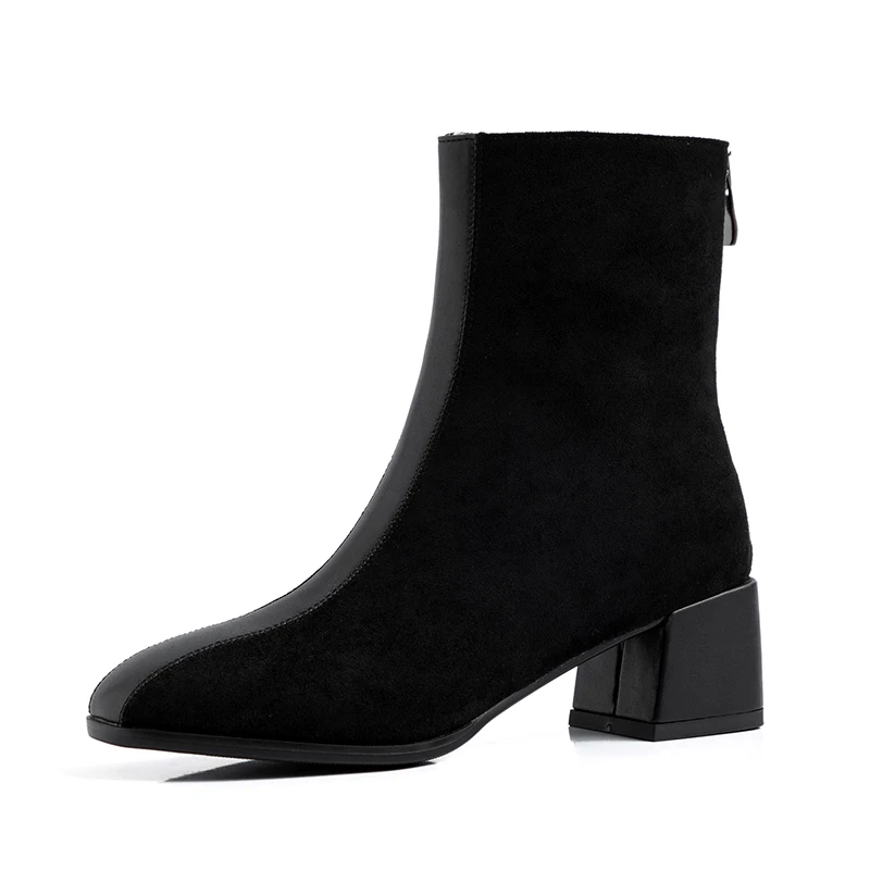WETKISS/флоковые сапоги с вышивкой; женские ботильоны на высоком толстом каблуке; женская обувь на молнии; женская обувь с квадратным носком; Сезон Зима; Новинка года - Цвет: black