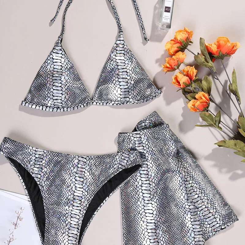 

Snake print halter three-piece bikini sexy swimsuit 2021 women's swimsuit summer split swimsuit women's swimsuit beachwear