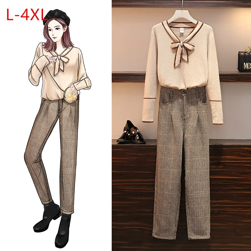 Женский кашемировый свитер + клетчатые штаны комплект из двух предметов тонкий
