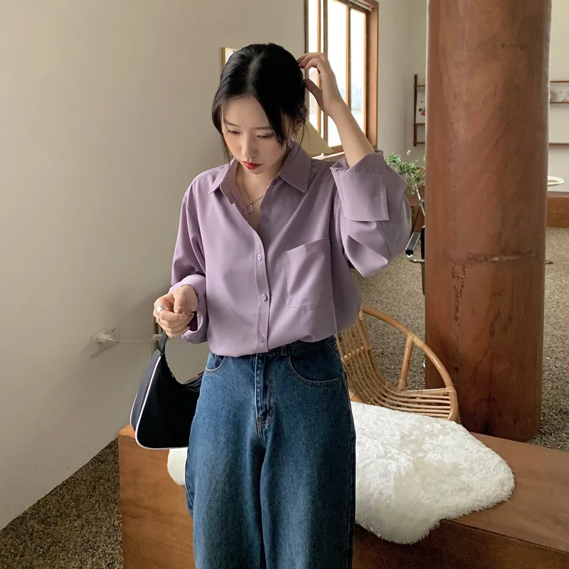 Рубашка шифоновая весенне-осенняя фиолетовая 2021 новый костюм в Корейском стиле с