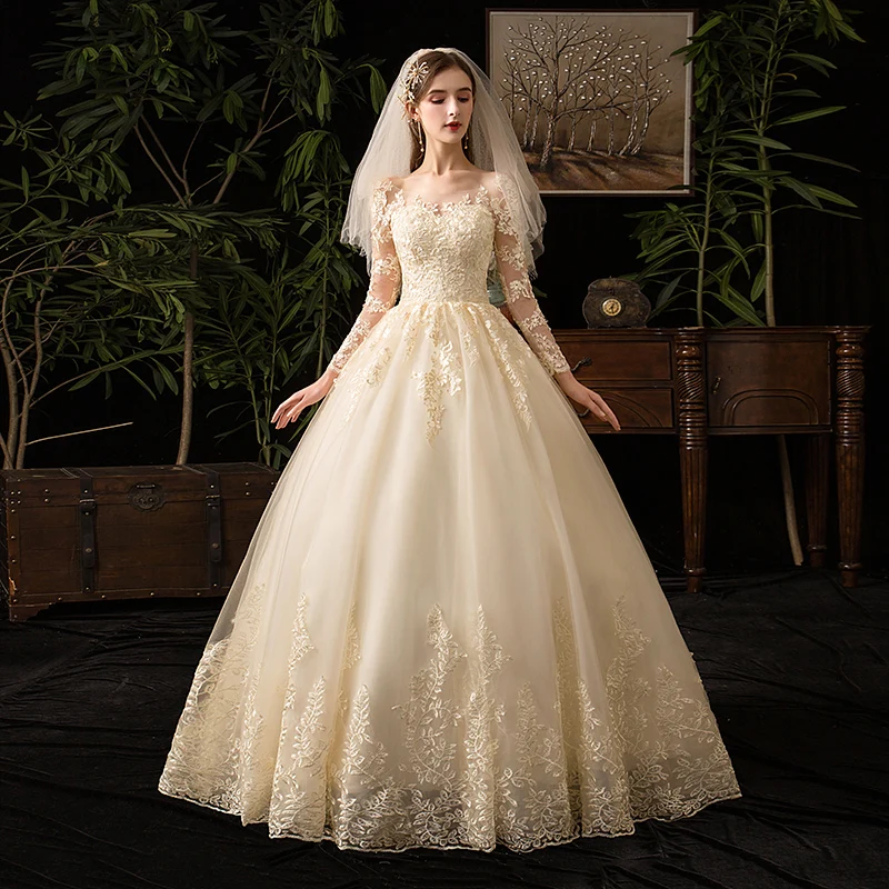

Light Champagne Tulle Lace Wedding Dress Boho Ball Gown Long Sleeves Wedding Gowns 2020 Elegant Lace Up Plus Size Bride Dress