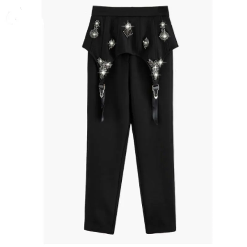 [EWQ] корейский стиль черные брюки с бриллиантами лоскутные высокой талией женские