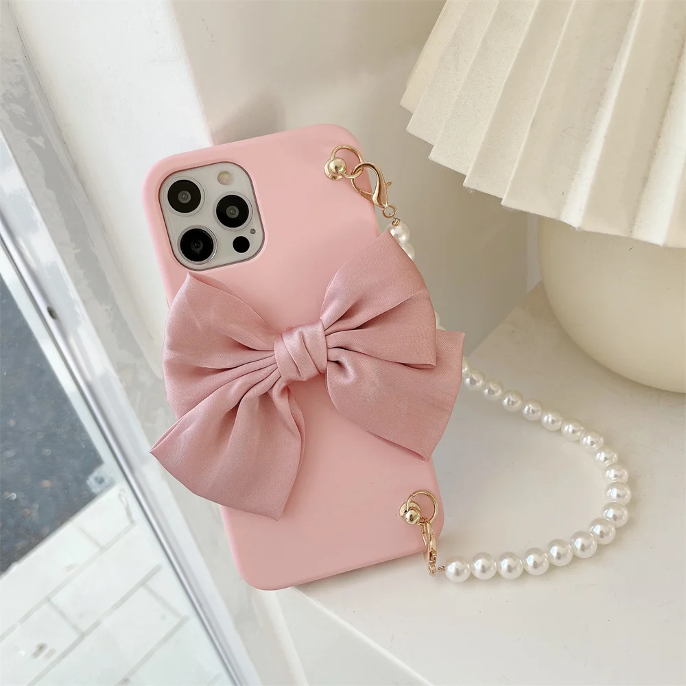 

Luxury Pink Bow Pearl Chain Phone Case for iPhone 13 12 Pro MAX 11 Pro MAX XR XS MAX 7 8 Plus X SE 2020 13 miniProtective Cover