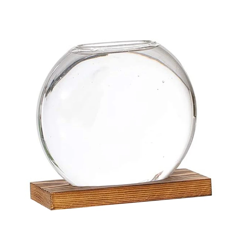 

Desktop Round Crystal Glass Planter Terrarium with Retro Solid Wooden Stand Wedding Flower Vase Decor for Hydroponics Pl