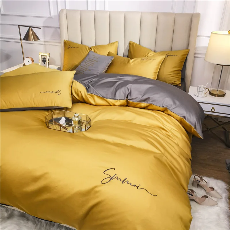 

OLOEY 60S long-staple cotton Bedding Set Egyptian Solid color embroidery Bed set Duvet Cover Bed Sheet spread Fit sheet bed set