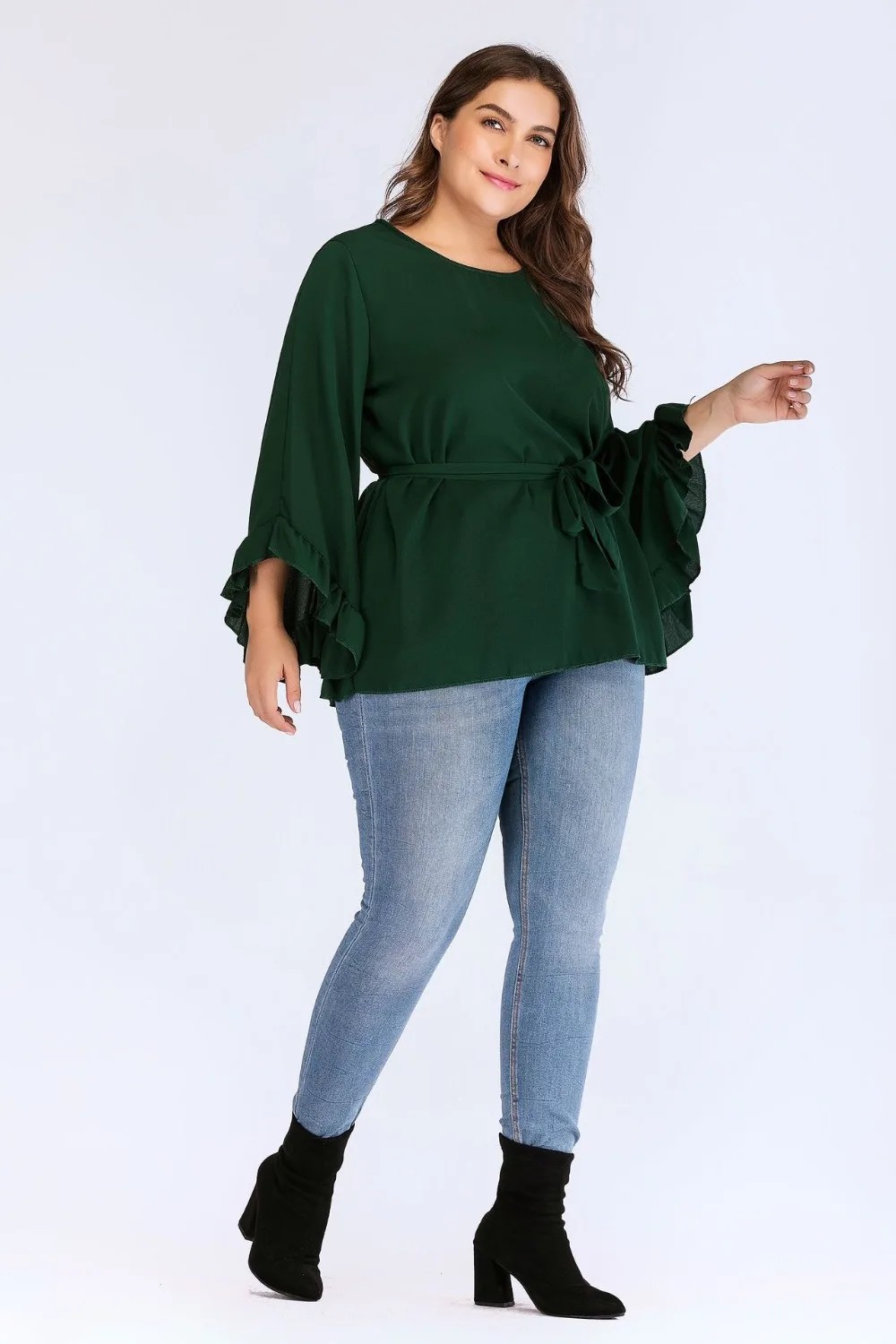 new autumn winter plus size tops for women long sleeve large cotton O neck casual loose T shirt belt green 4XL 5XL 6XL 7XL