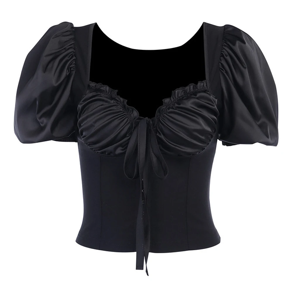 

Women Fashion Lace-up Crop Top Plain Gathered Pullover Casual Skin-friendly Garments