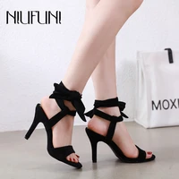 gladiator peep toe ankle straps women shoes elastic bands bow simple solid color sexy sandals stiletto high heels suede summer