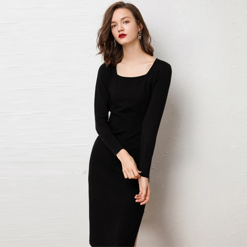 2019 Осень Зима Женское Новое вязаное кашемировое платье сексуальное облегающее с