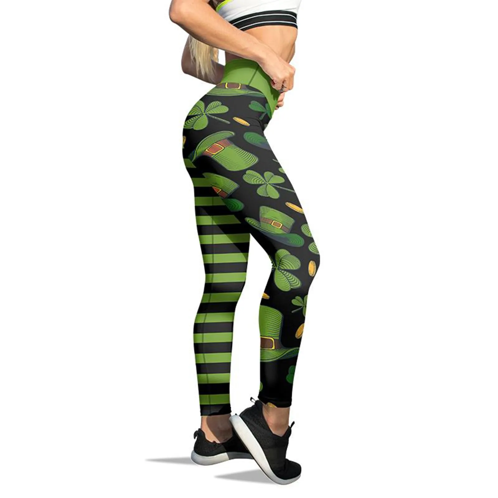 

Pilates Good Luck Green Leggings Women Four-leaf Clover Printed Paddystripes Pants Print Skinny Pants For Fitness Running Tights