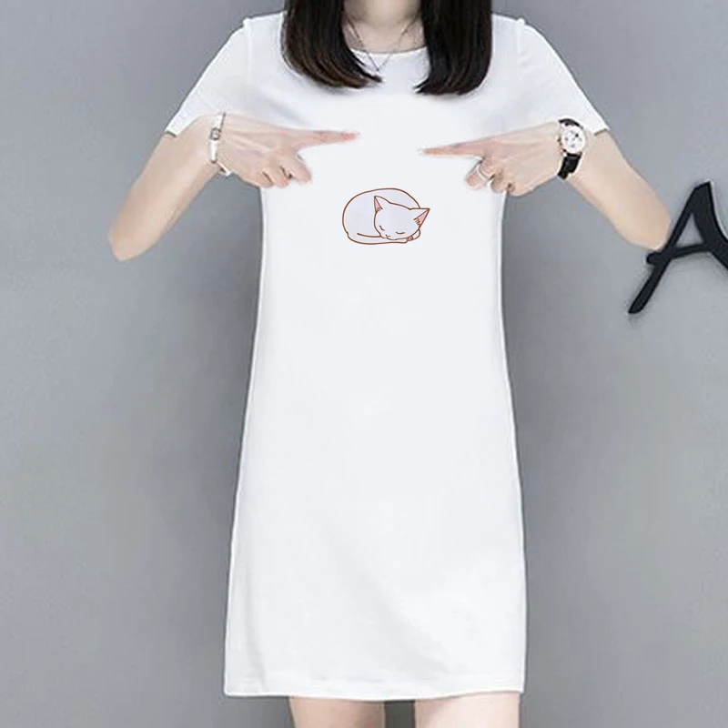 Милое летнее женское платье с принтом кота белое коротким рукавом Повседневная