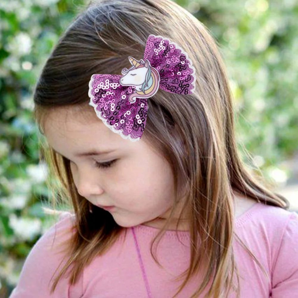 

ncmama Glitter Sequins Unicorn Hair Clips for Girls Kids Cartoon Rainbow Hair bow Princess Headwear Hairpins Hair Accessories