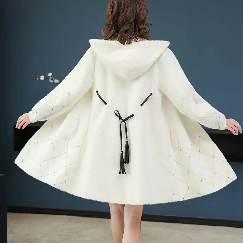 Женское длинное пальто с капюшоном теплое свободное повседневное со стразами