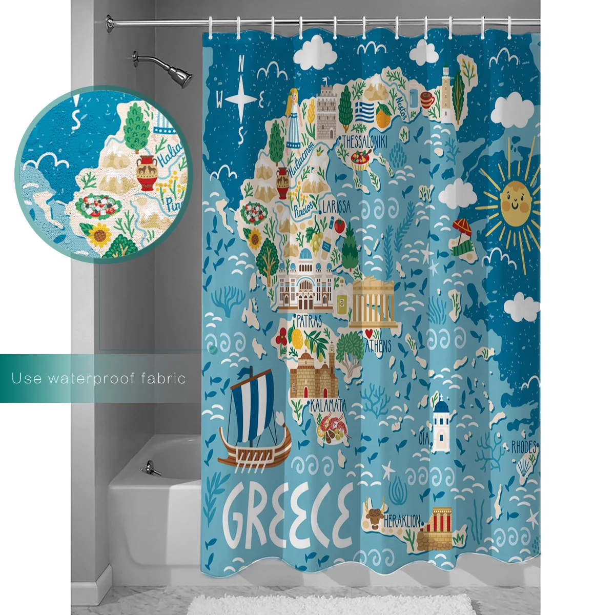 Greece Island Map Cartoon Shower Curtain Waterproof Bathroom Curtains Polyester Fabric Hooks for Decor | Дом и сад