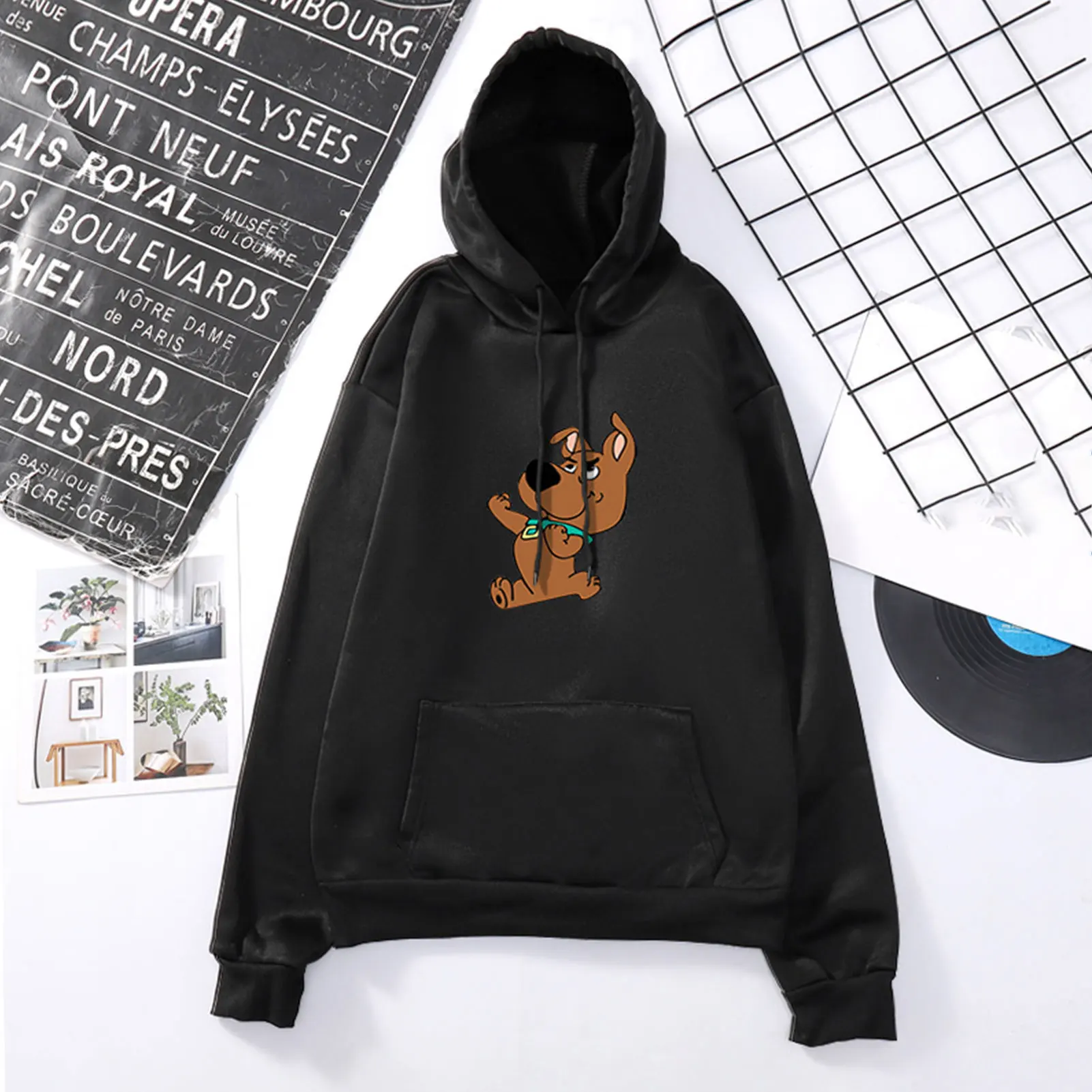Autumn Women Cartoon Puppy Print Loose Hooded Sweatshirt Long Sleeve Hoodie