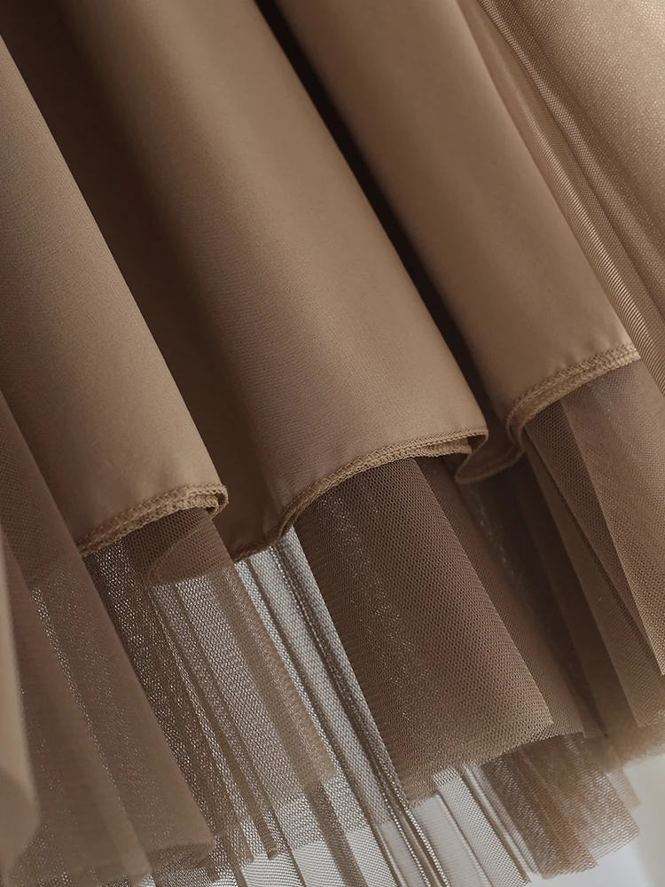 

Stretch Waist Pleated Big Swing Skirt Black Red Coffee Apricot Yellow Blue 2021 Mesh Solid Color Sweet All-match Women Skirts