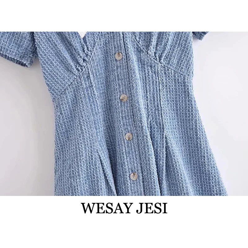

WESAY JESI Summer Women's Dress 2021 Casual Solid Color Denim Dress Fashion Chic V-Neck Short Sleeve Single-Breasted Dresses