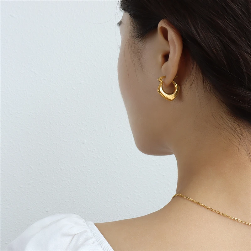 

Korean Style Geometric Rhombus Hoop Earrings for Women Fashion Jewelry Trendy Gold Color Stainless Steel Ear Cuffs Free Shipping