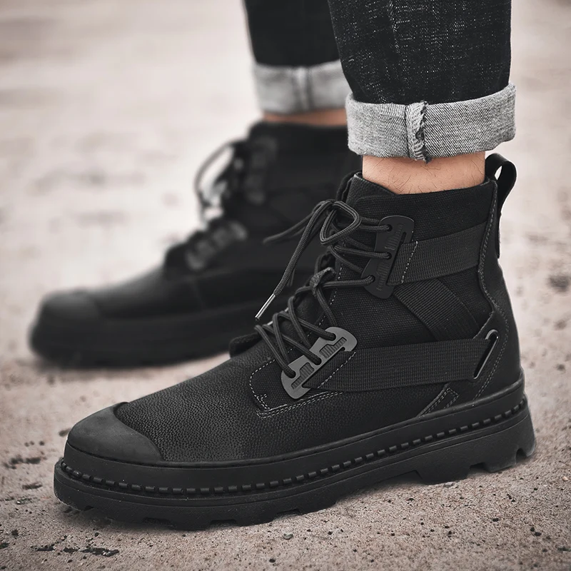 Мужские ботинки из натуральной кожи Черные ботильоны в военном стиле с плюшевой