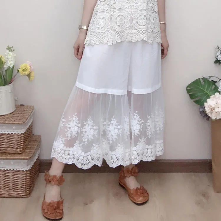 Японские Леггинсы в стиле ретро из чистого хлопка с кружевной вышивкой Mori Girl