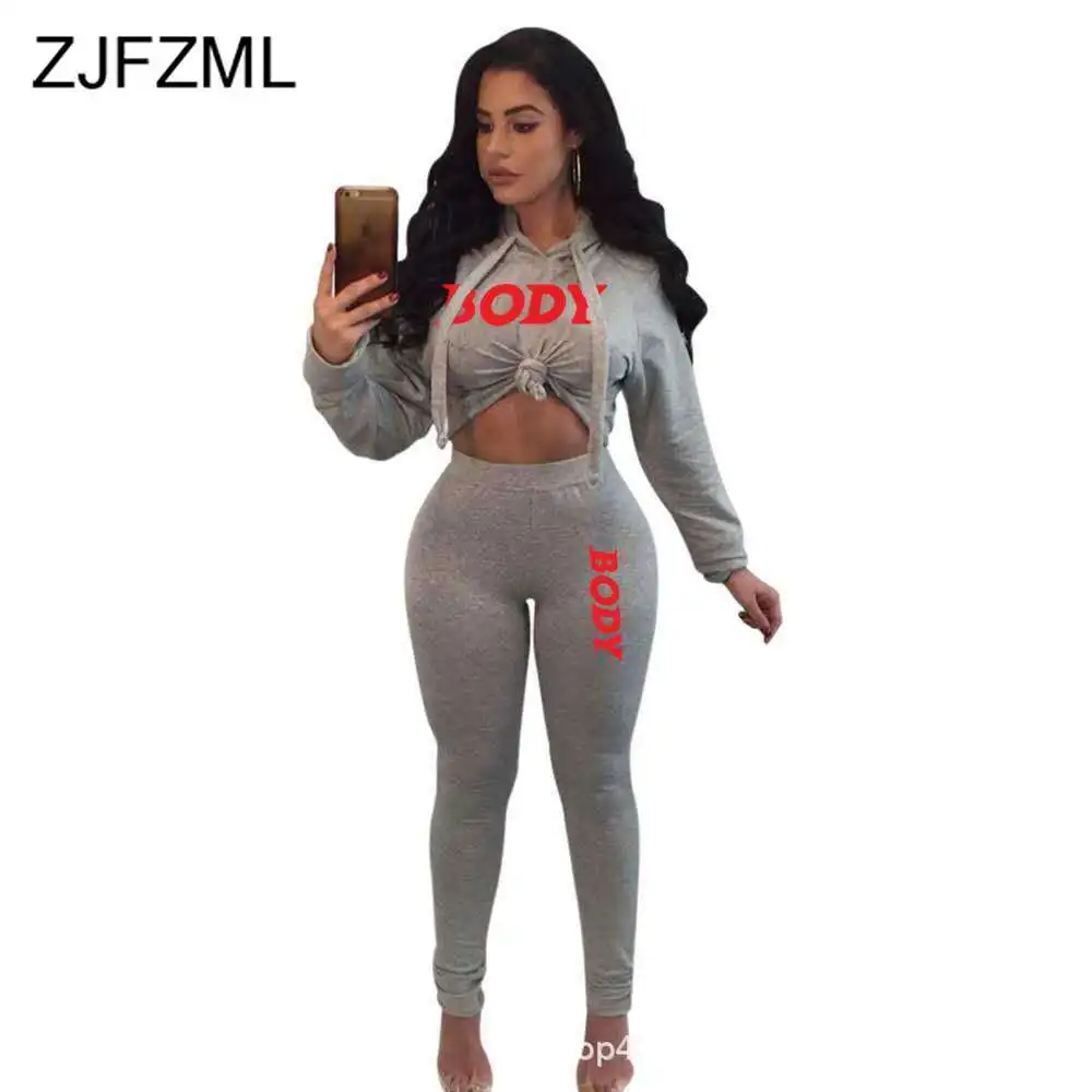 

BODY Letter Print Hooded Long Sleeve Crop Top and Skinny Leggings Two Piece Matching Set Casual Activewear Ruched Bodycon Suits