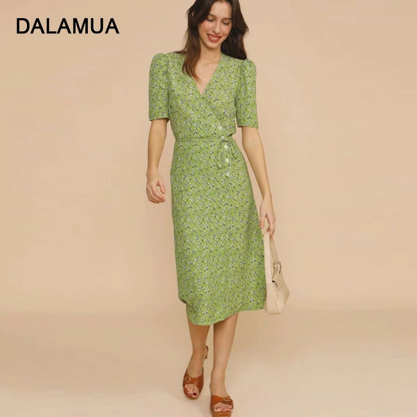 

Women Chiffon Floral Dress 2022 Summer Short Sleeve Office Lady High Waist V-Neck Elegant New Fashion Female Midi Dresses Casual