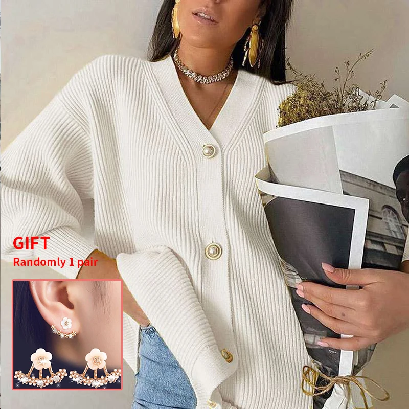 

Fashion Knitted Cardigan Sweater Women Autumn Winter Long Sleeve Loose Coat Single Breasted Thick V-Neck Solid Female Tops