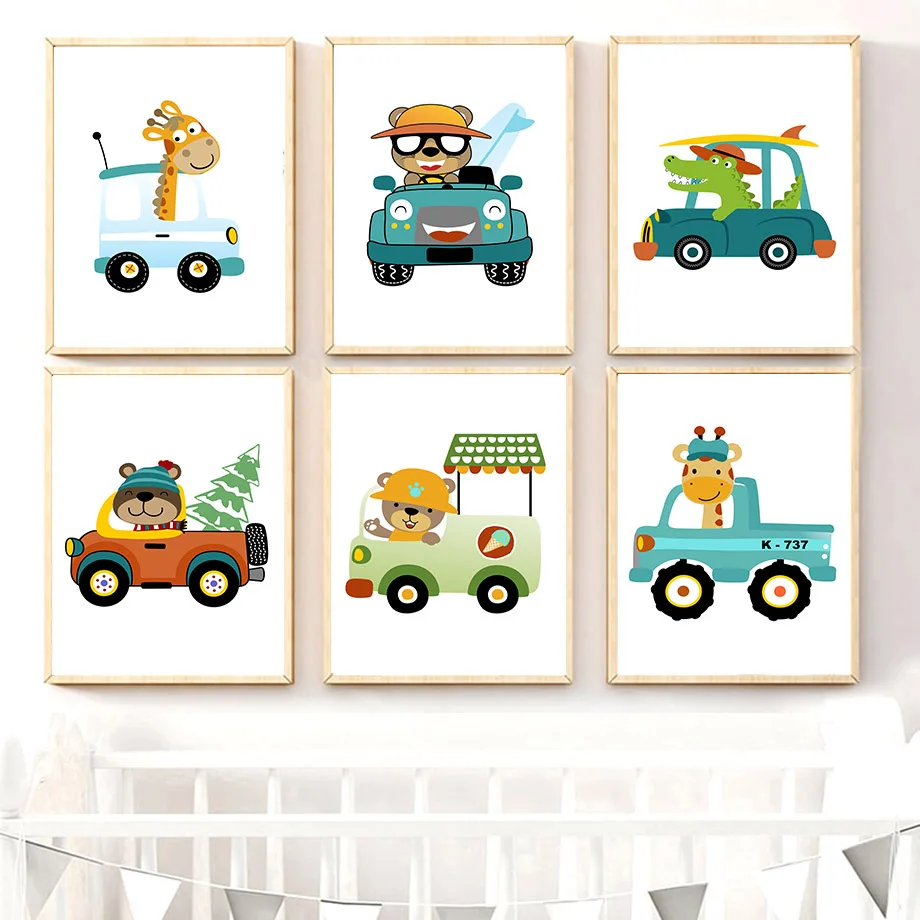 

Cartoon Bear Giraffe Crocodile Fire Truck Car Wall Art Canvas Painting Nordic Posters And Prints Wall Pictures Kids Room Decor