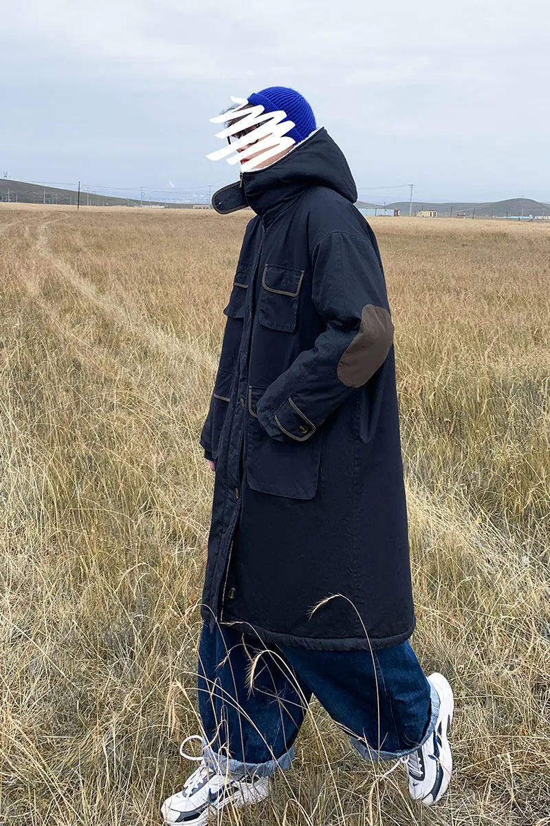 

Hooded Coats Men Lamb Wool Jackets Winter Thicken Warmth Windproof Cargo Tops Pocket Design Loose Stitching Mid-length Jacket