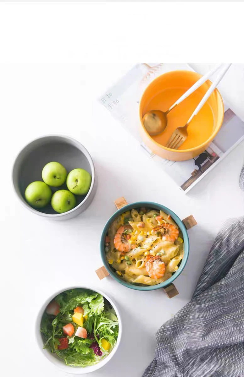 

850ml large ceramic steamed egg bowl creative fruit salad dessert bowl with wooden foot nordic household personality pink white