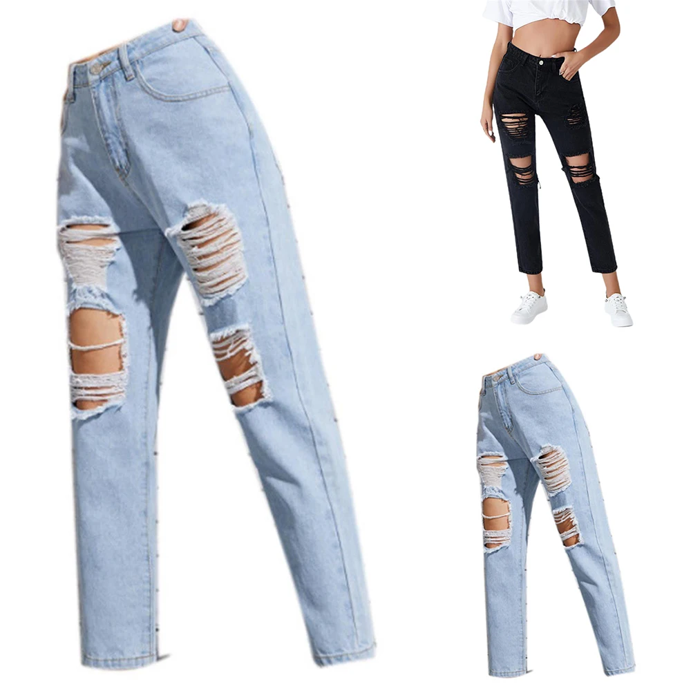 

Autumn Skinny Stretch Denim Trousers Bottoms Women Clothing Destroyed Ripped Jeans Pants Casual Jean Trouser Broken Winter