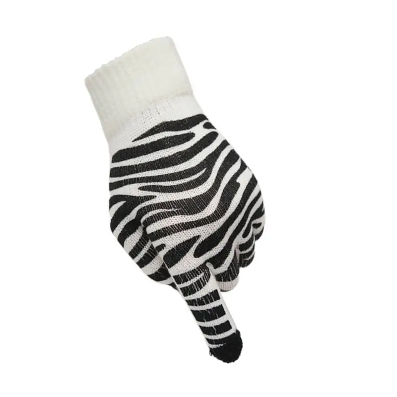 

Women Girl Winter Knitted 3 Touchscreen Finger Stretch Magic Gloves Stretchy Cute Heart Zebra Stripes Print Mittens Wrist Warmer