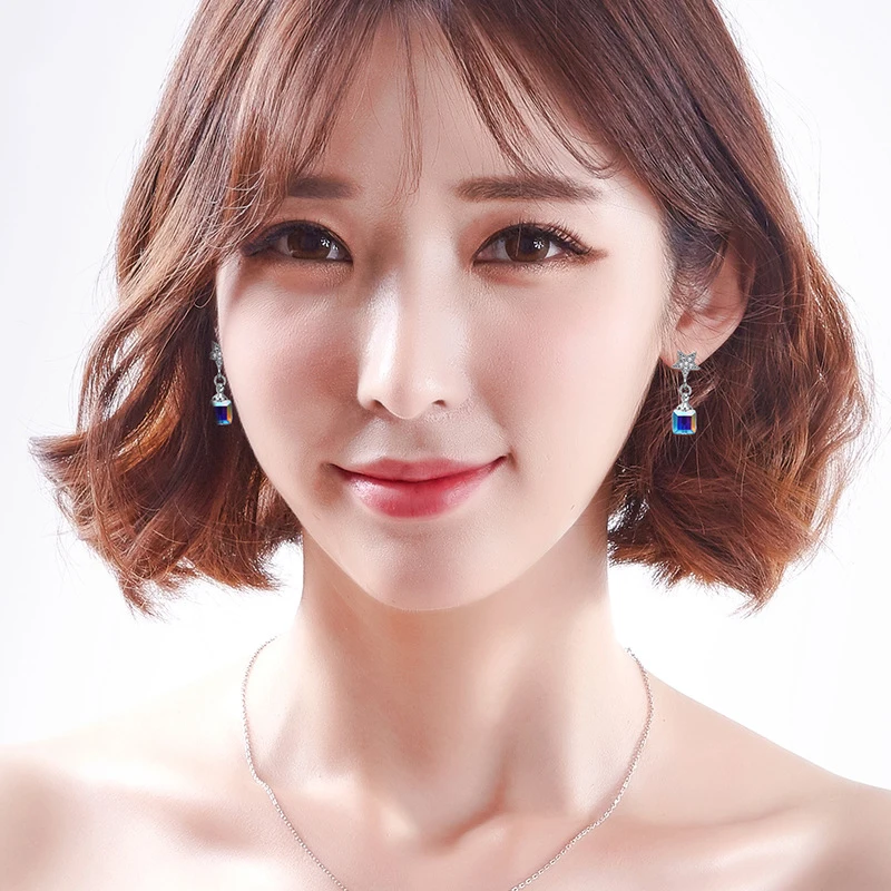 Warme Farben Crystal from Swarovski Earrings for Women S925 Sliver Square Cube Crystal Drop Earrings Korean Earrings Brincos