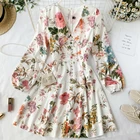 Женское пляжное мини-платье, летнее однобортное белое платье с V-образным вырезом и длинным рукавом, с принтом