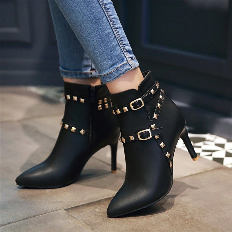 

Cresfimix women pointed toe black pu leather rivet stiletto heel boots for autumn lady classic winter boot botas femininas a6612