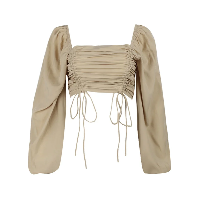 

Women New Lantern Sleeve Drawstring Crop Top Stylish Solid Color Square Collar T Shirt Tops for Daily Wear