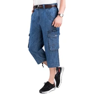 jeans shorts mens summer breeches 2021 multi side pocket casual bermuda male straight long blue denim loose cargo shorts men