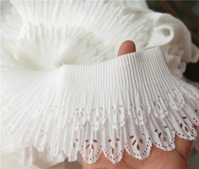 DIY 8 cm wide double layer white pleated laser cut out collar cuffs and hem lace accessories | Lace