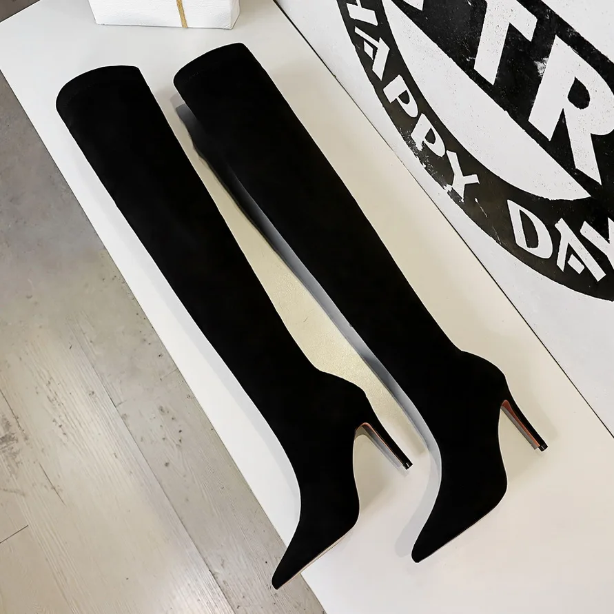 

2021 Winter Over The Knee Women Boots Fine Heel High Heel Suede High Heel Slip on Shoes Pointed Toe Woman Long Boots Size 34-40