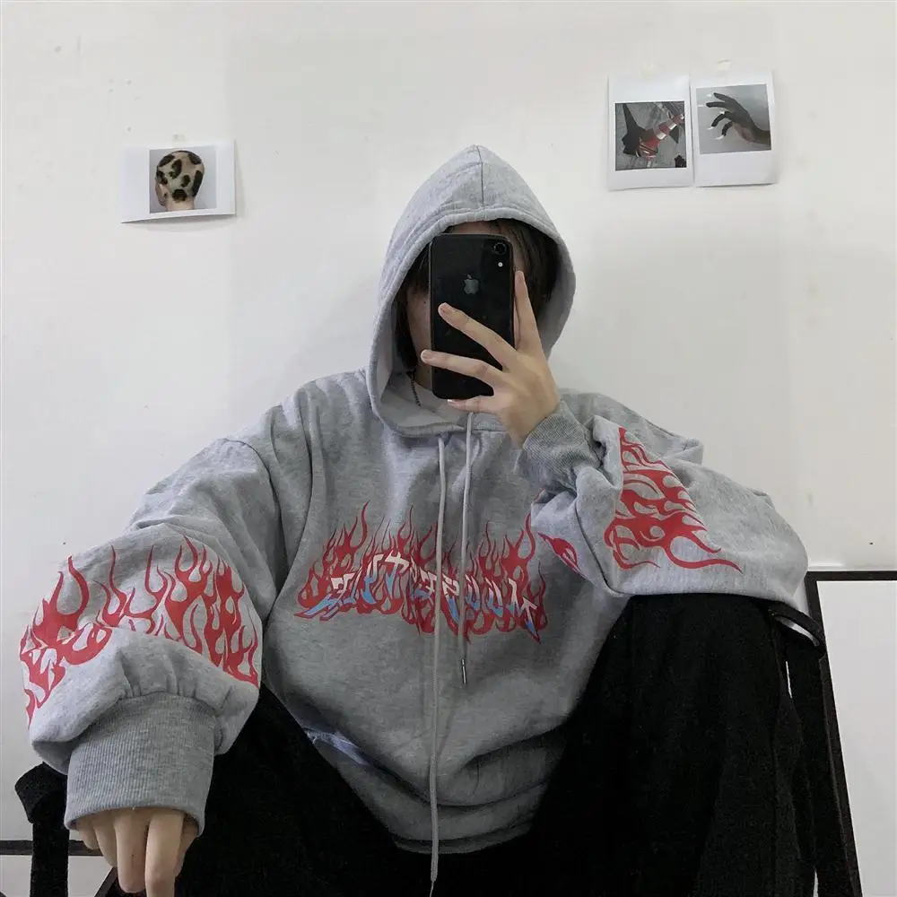 

Autumn and winter Korean version of ins Harajuku style dark flame print loose plus fleece hoodie women trend
