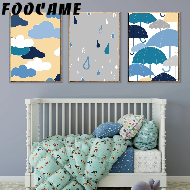 Голубое облако дождь зонтик мультфильм плакаты и принты Художественная Картина