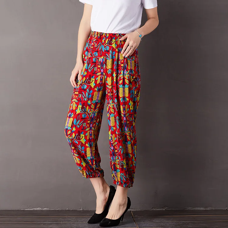 Весенние и летние хлопковые шелковые шаровары с принтом Национальный стиль