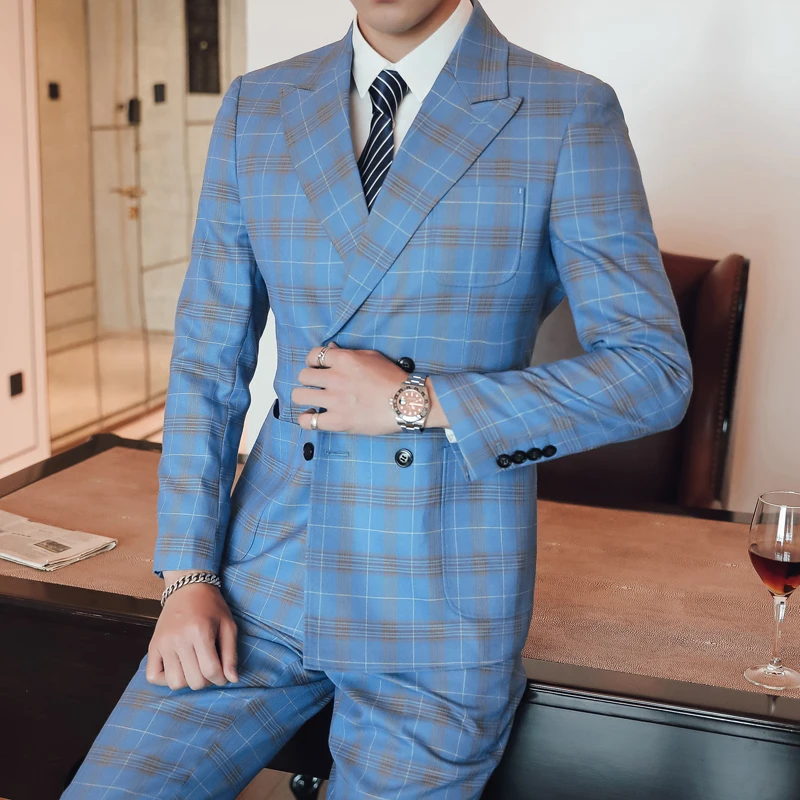(Пиджак + жилет брюки) роскошный высококачественный модный клетчатый мужской