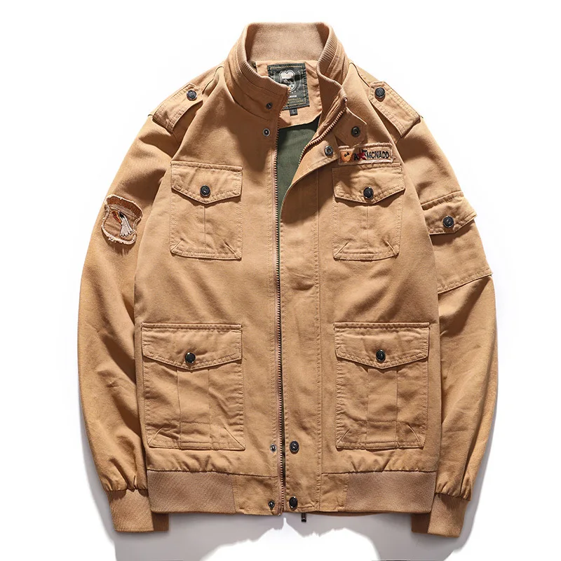 

men's autumn winter khaki stand collar solid color tactical windbreaker pilot biker jacket streetwear men bomber jacket coat man