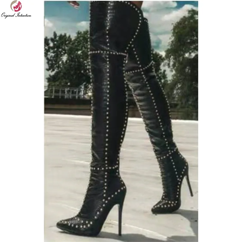 

Original Intention New Stylish Rivets Thigh High Boots Woman Black Sexy Charm Long Boots Female Pointed Toe Stiletto Heels Shoes