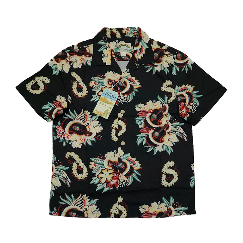 

DONG Steampunk BOB Guitar Floral Print Casual Hawaiian Shirts Reggae Aloha Black